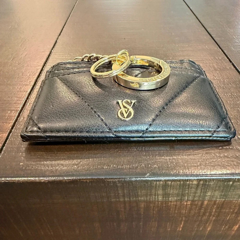 Victorias Secret Black Quilted V-Stitch Card Case Keychain Gold Hardware NWOT